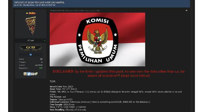 Hacker klaim meretas sistem KPU. Dok: tangkapan layar dari BreachForums