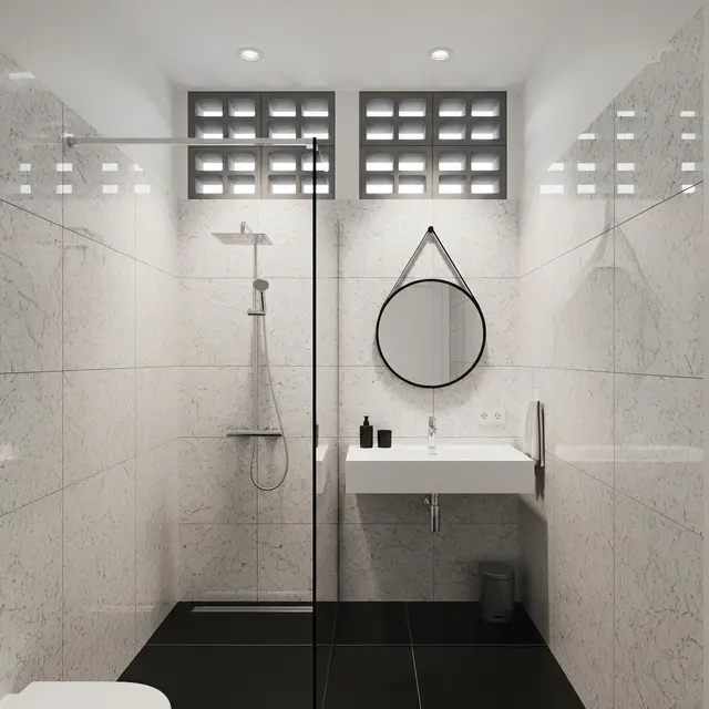 Desain Kamar Mandi Kecil Lebar 1 Meter dengan Roster dan Batu Alam (Image by Gemini AI)
