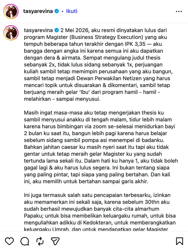 Unggahan Tasya Revina. (Foto: Dok. Instagram @tasyarevina)