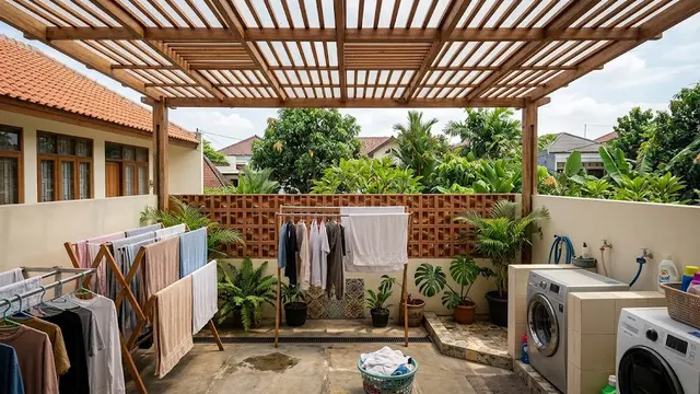 Desain Ruang Jemur di Belakang Rumah dengan Atap Kisi-Kisi