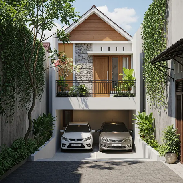 Desain Rumah Kecil di Gang Tapi Punya Garasi 2 Mobil