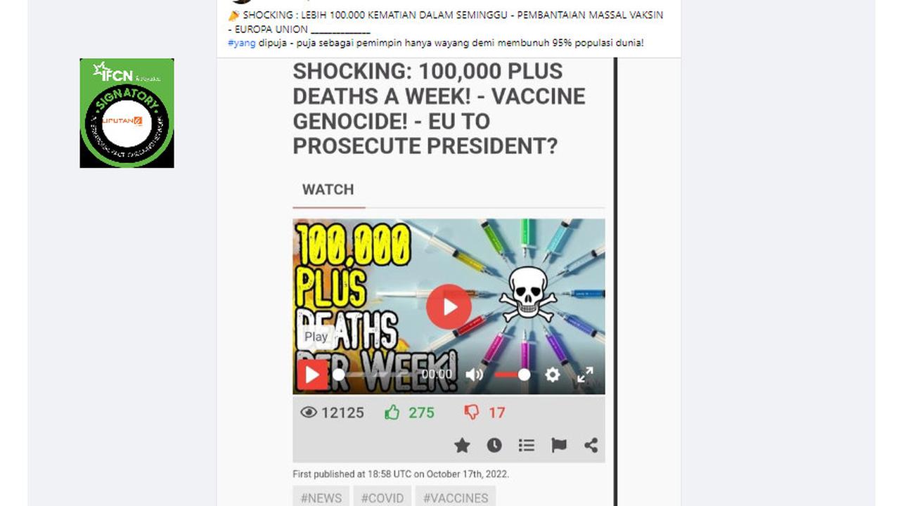 Tangkapan layar klaim vaksin genosida Uni Eropa membuat 100 ribu kematian