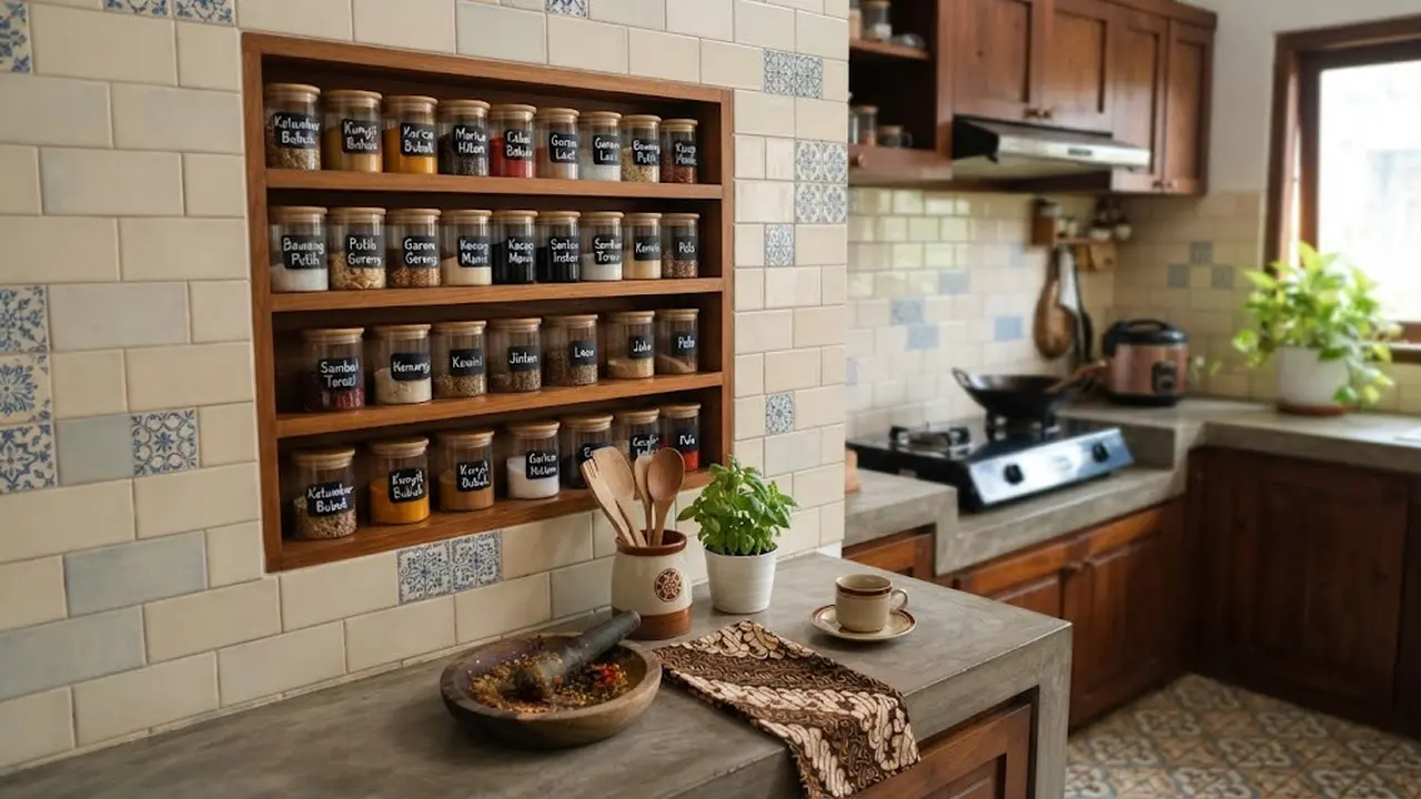 Ide rak bumbu yang menyatu dengan dinding dapur sehingga terlihat rapi dan elegan