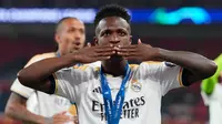 Vinicius Junior menjadi salah satu bintang kemenangan Real Madrid di final Liga Champions 2023/2024. (AP Photo/Kirsty Wigglesworth)