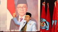 Ketua MPR Zulkifli Hasan saat Orasi Kebangsaan pelantikan DPP Mahasiswa Pancasila (Mapancas) di Jakarta.