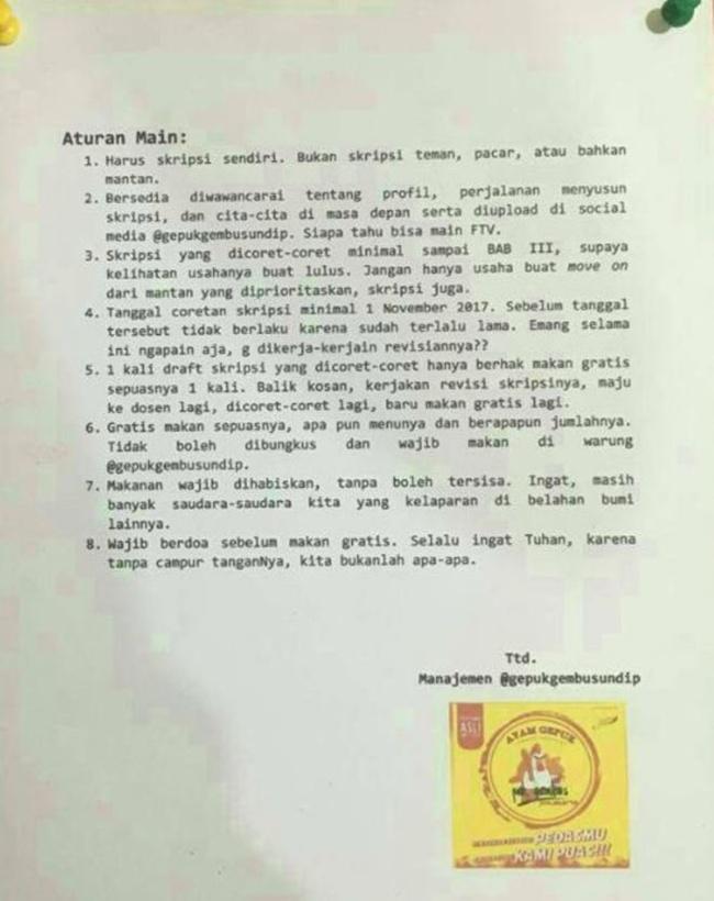 Syarat dapat makan gratis di Gepuk Gembus Undip/copyright twitter.com/aaaselina