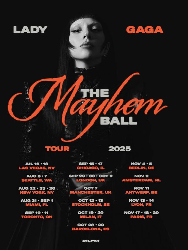 Tangkapan layar Instagram Lady Gaga yang mengumumkan turnya dalam sebuah poster yang bertajuk The Mayhem Ball Tour 2025. (Sumber: Instagram/ladygaga)
