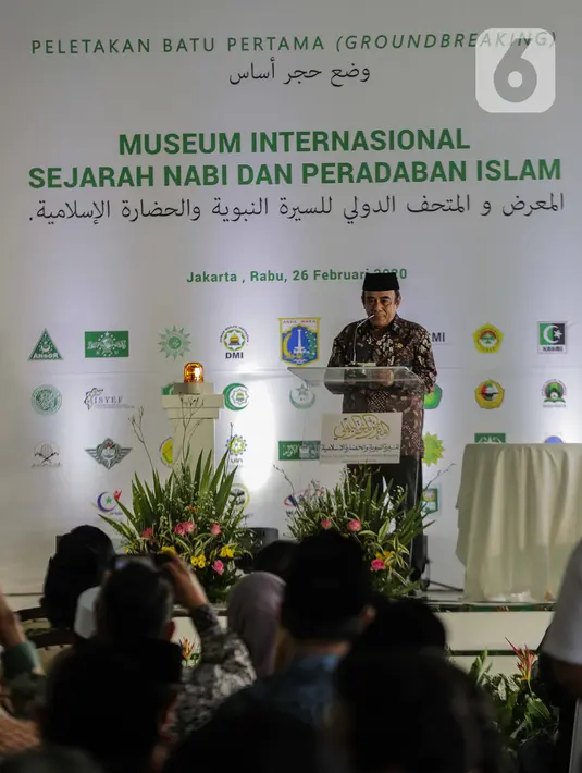 Menteri Agama Fachrul Razi menyampaikan sambutan dalam peresmian groundbreaking Museum Internasional Sejarah Nabi dan Peradaban Islam di kawasan Ancol, Jakarta, Rabu (26/2/2020). Museum ini rencananya akan dibangun di atas tanah seluas sekitar 6 hektare. (Liputan6.com/Faizal Fanani)