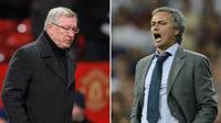 Dua manajer Manchester United, Sir Alex Ferguson (1986-2013) dan Jose Mourinho (2016-sekarang). (AFP/Paul Ellis dan Pierre-Philippe Marcou)
