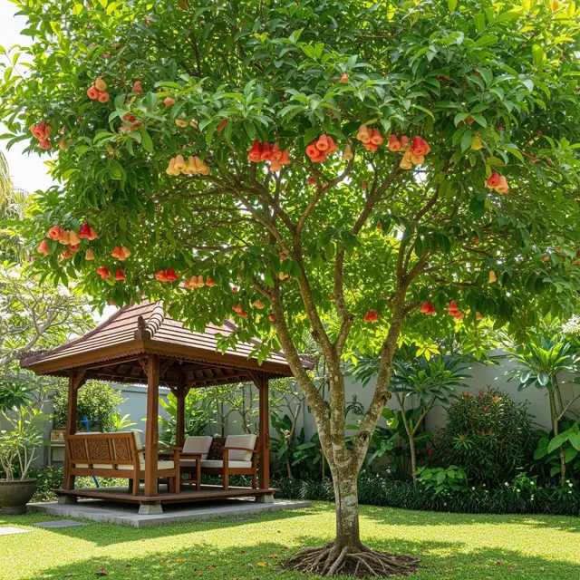 Pohon Buah Berakar Aman Dekat Gazebo (AI)
