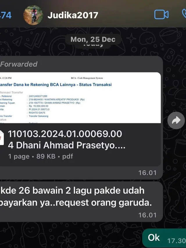 Bukti transfer Judika ke Ahmad Dhani (Instagram/ahmaddhaniofficial)