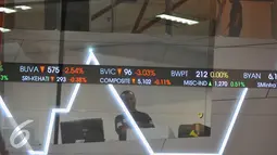 Karyawan melihat pergerakan Indeks Harga Saham Gabungan di Bursa Efek, Jakarta, Jumat (25/11). Indeks harga saham gabungan (IHSG) pada sesi I siang Jumat (25/11) naik 5,3 (0,10 persen) ke level 5.112,9. (Liputan6.com/Angga Yuniar)