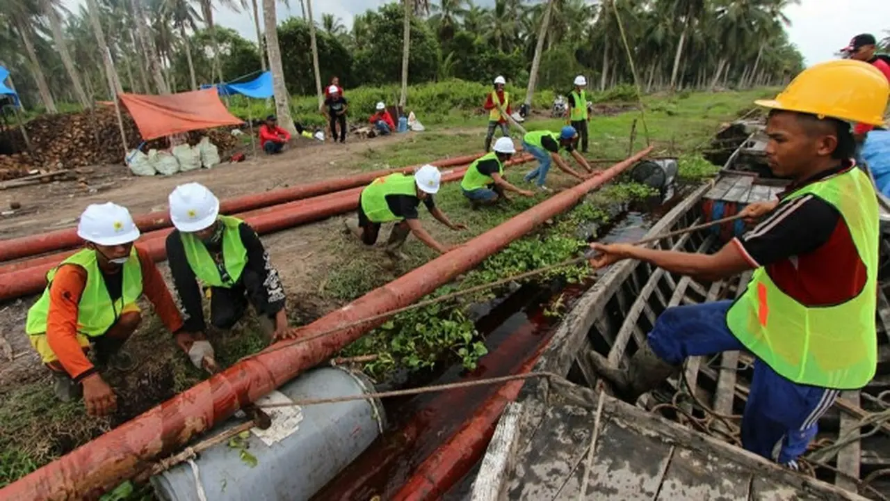 Karyawan PLN mengangkat tiang untuk membangun jaringan listrik di pedesaan Riau.