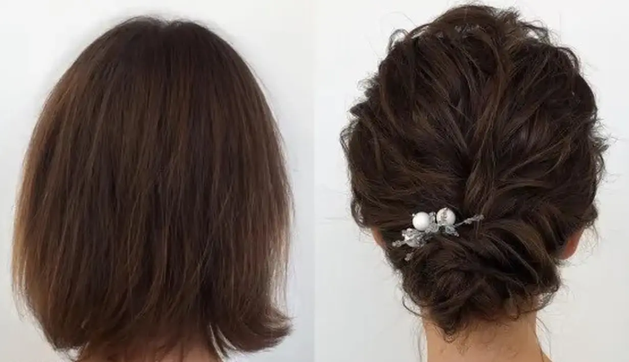 Buat rambut lebih volume di bagian bawah, lalu kenakan aksesor seperti mutiara, dan sisipkan pada sanggul minimalis tersebut. Oksana