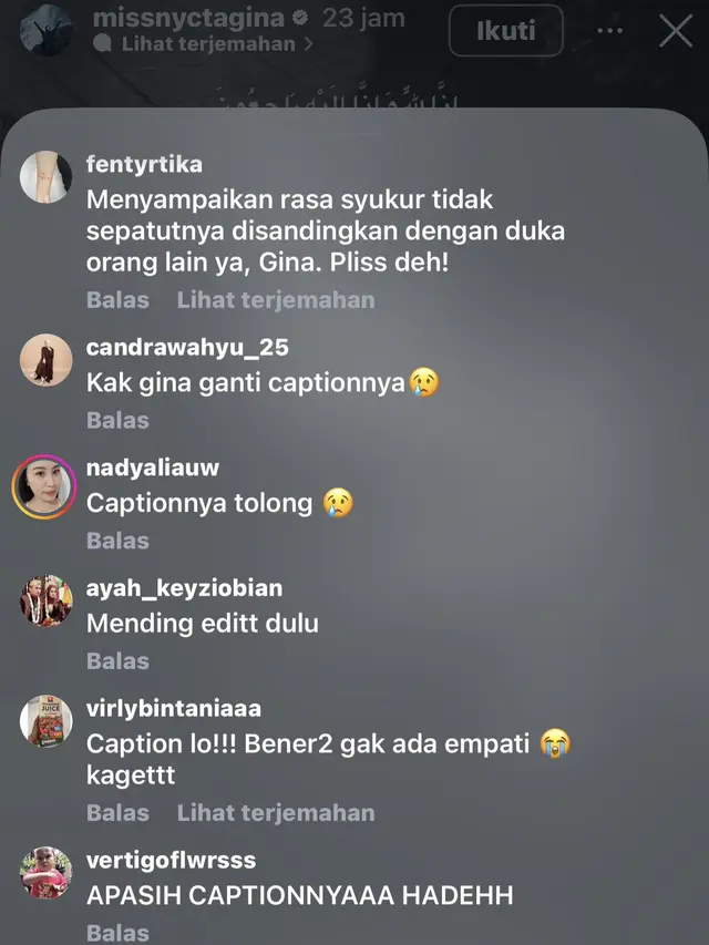 Komentar netizen tanggapi postingan Nycta Gina