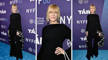 Foto kolase Cate Blanchett saat menghadiri pemutaran perdana film "Tár" selama Festival Film New York ke-60 di Alice Tully Hall di New York pada Senin, 3 Oktober 2022. (Photo by Evan Agostini/Invision/AP)