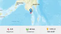 Gempa Magnitudo 6,9 mengguncang wilayah Tahuna Kepulauan Sangihe, Sulut, Jumat sore (17/11/2023). (Liputan6.com/ Dok BMKG)