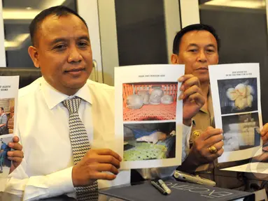 Dittipidter Brigjen Pol. Yazid Fanani (kiri) memperlihatkan foto bergambar trenggiling yang akan diseludupkan ketika rilis pengungkapan kasus tersebut di Bareskrim Mabes Polri, Jakarta, Senin (27/042015). (Liputan6.com/Andrian M Tunay)