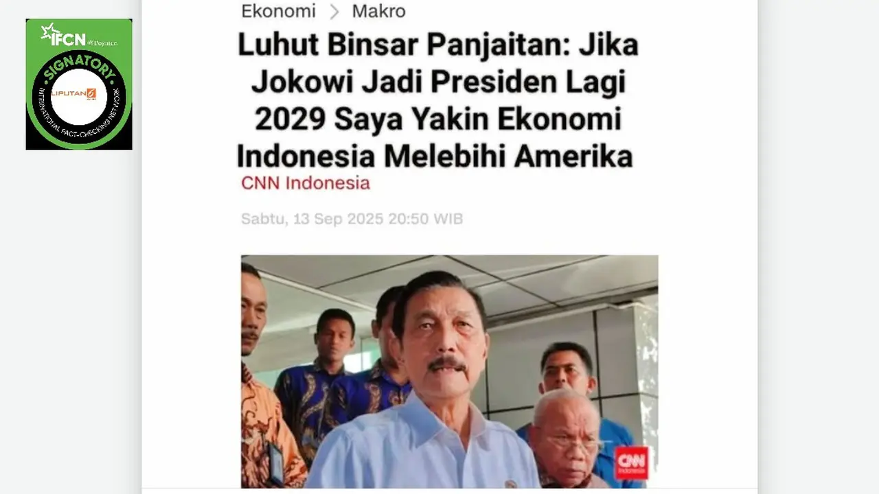 Tangkapan layar klaim artikel Luhut Binsar Pandjaitan menyatakan jika Jokowi menjadi presiden lagi 2029 maka ekonomi Indonesia melebihi Amerika.