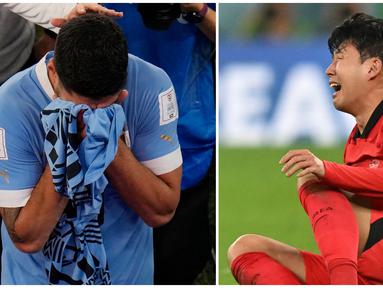 Foto kolase ekspresi tangisan dua pemain bintang Son Heung-min (kanan) dan Luis Suarez mewarnai laga pamungkas grup H Piala Dunia 2022, Jumat (2/12/2022). (Foto-foto: AFP/Glyn Kirk, AP Photo/Aijaz Rahi)