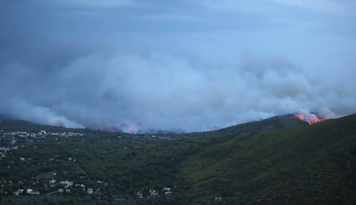 Asap mengpul ke udara saat kebakaran hutan hebat melanda Kota Mati, timur Athena, Senin (23/7). Otoritas regional telah mengumumkan keadaan darurat di bagian timur dan barat wilayah Athena. (AP Photo/Thanassis Stavrakis)