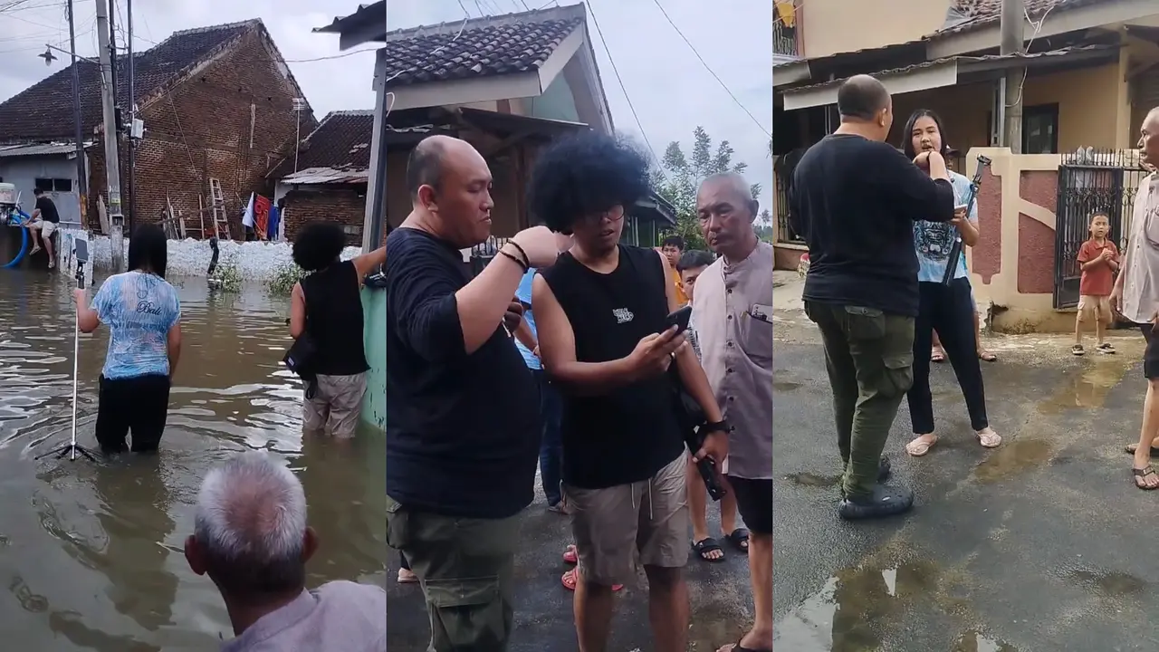Tangkapan layar rekaman video warga mengusir dua kreator TikTok (pria berambut kribo dan wanita memakai kaos biru) saat membuat konten di pemukiman yang dilanda banjir di Bandar Lampung. Foto : (Istimewa).
