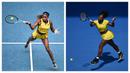 Petenis Amerika Serikat, Coco Gauff (kiri) dan Serena Williams berusaha mengembalikan bola ke arah lawannya di turnamen Australia Open. (Foto Kolase: AFP/Anthony Wallace dan AFP/Peter Parks)
