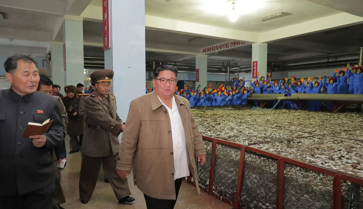 Gambar tak bertanggal yang dirilis pada 19 November 2019, pemimpin Korea Utara Kim Jong-un (kanan) mengunjungi pabrik pengolahan ikan di lokasi yang dirahasiakan di Korea Utara. Kim Jong-un berbicara dengan para pekerja dan sesekali tertawa saat berkeliling pabrik.  STRINGER/KCNA VIA KNS/AFP)
