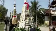 Gunungan apem beserta sejumlah jajanan dan hasil bumi diarak menuju makam leluhur desa.
