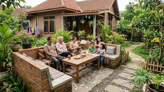 Desain Area Santai Permanen dari Semen dan Bata Ekspos yang Cocok untuk Family Time Model Menyatu dengan Halaman Belakang