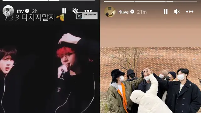 Unggahan RM dan V melepas Jin BTS wamil. (Instagram/ thv/ rkive)