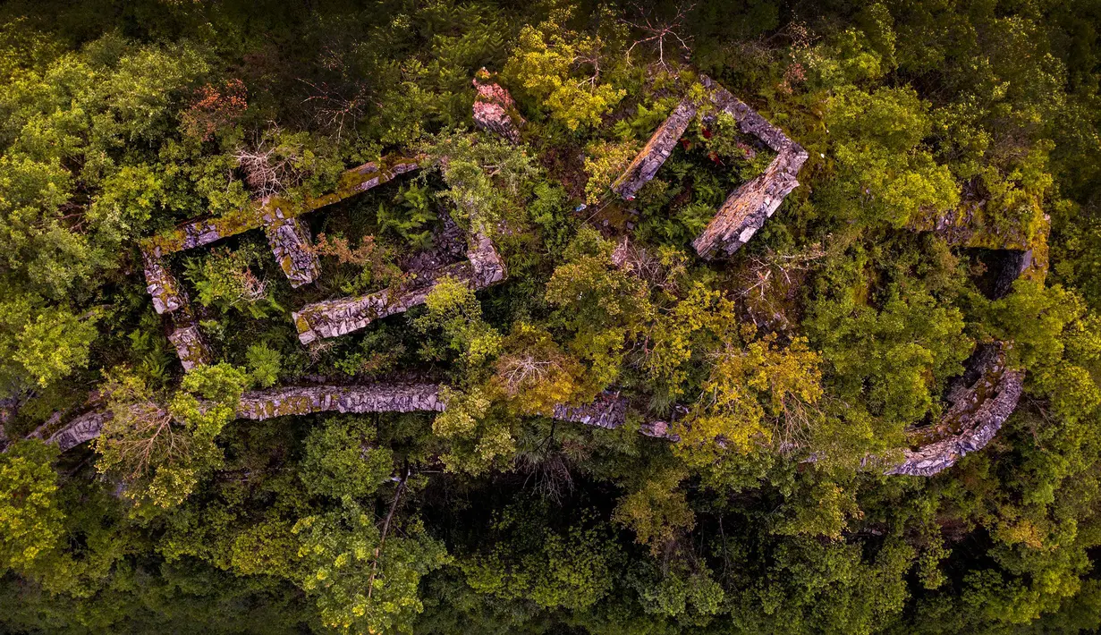 Foto dari udara pada 29 Juni 2020 menunjukkan sisa-sisa peninggalan kompleks desa kuno di Minzhu, sebuah kota di Wilayah Langao, Provinsi Shaanxi, China. Terletak di daerah pegunungan di Gunung Bashan, peninggalan kompleks desa tersebut berasal dari masa Dinasti Ming (1368-1644). (Xinhua/Tao Ming)