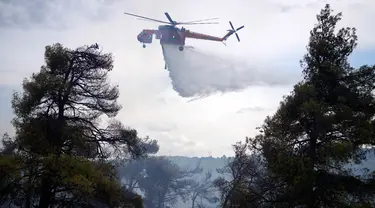 Helikopter menjatuhkan air di atas hutan selama kebakaran hutan di pinggiran kota Stamata, di utara Athena, Yunani, Senin, 4 September 2023. (AP Photo/Thanassis Stavrakis)