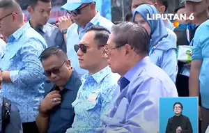 Presiden Keenam Indonesia yang juga pendiri Partai Demokrat, Susilo Bambang Yudhoyono (SBY) hadir di kampanye akbar Prabowo-Gibran. (Tangkapan Layar Youtube Liputan6)