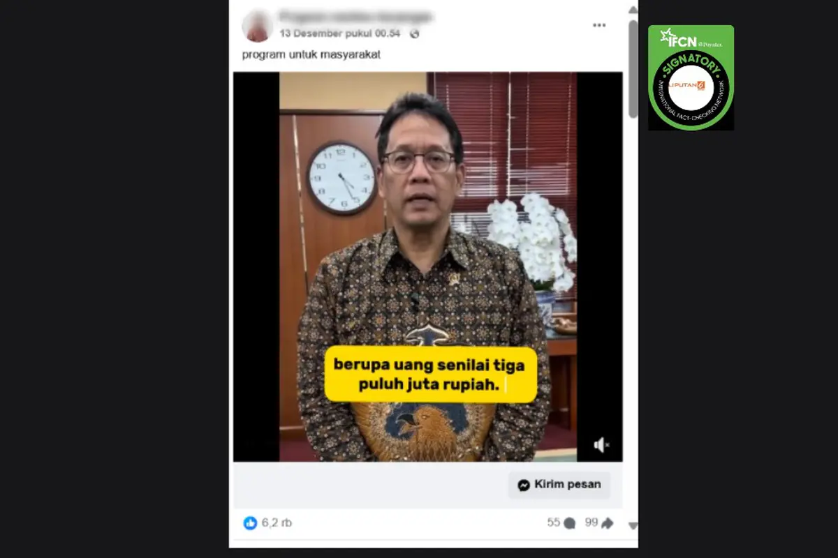 Tangkapan layar klaim video Menkeu Purbaya Yudhi Sadewa membuka program bantuan senilai Rp 30 juta yang beredar di Facebook.