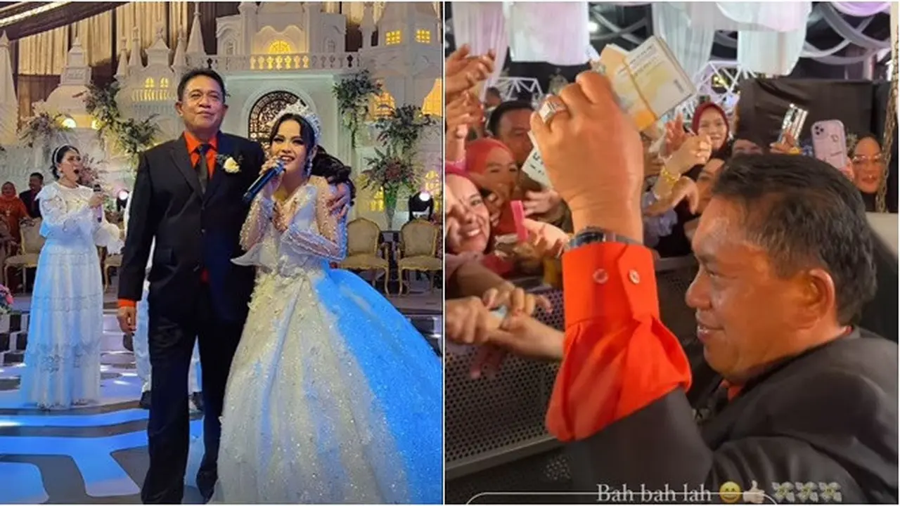 6 Potret Haji Alwi Ruslan Bagi-Bagi Uang Rp50.000 Segepok di Pernikahan Putri Isnari