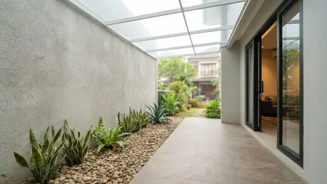 Teras Rumah 1,5 Meter dengan Taman Kering di Sepanjang Dinding