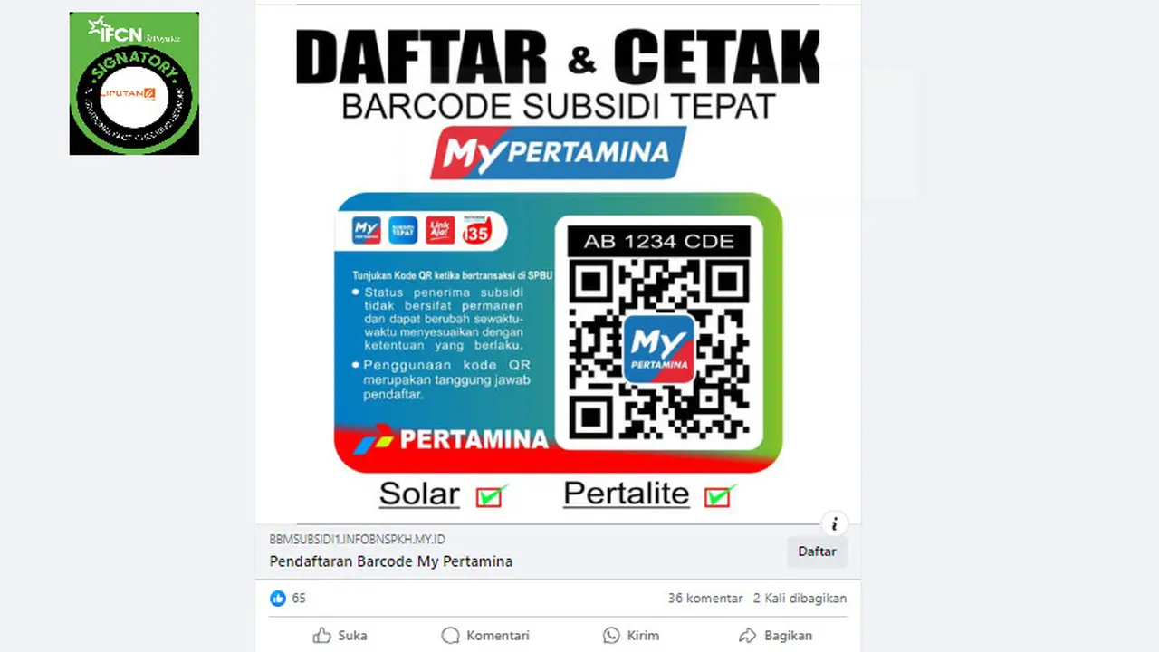 Tangkapan layar klaim link pendaftaran barcode BBM subsidi tepat MyPertamina,
