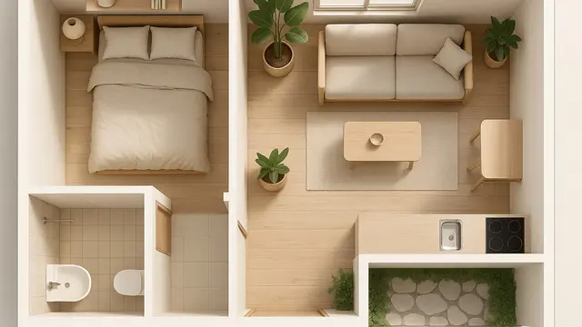 Model Desain Rumah Tipe 21 dengan 1 Kamar Tidur/Ilustrasi gambar oleh AI