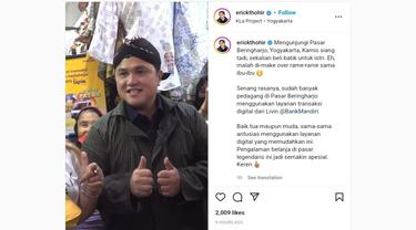 Menteri BUMN Erick Thohir membagikan momen lucu ketika mengunjungi pasar Beringharjo, Yogyakarta.