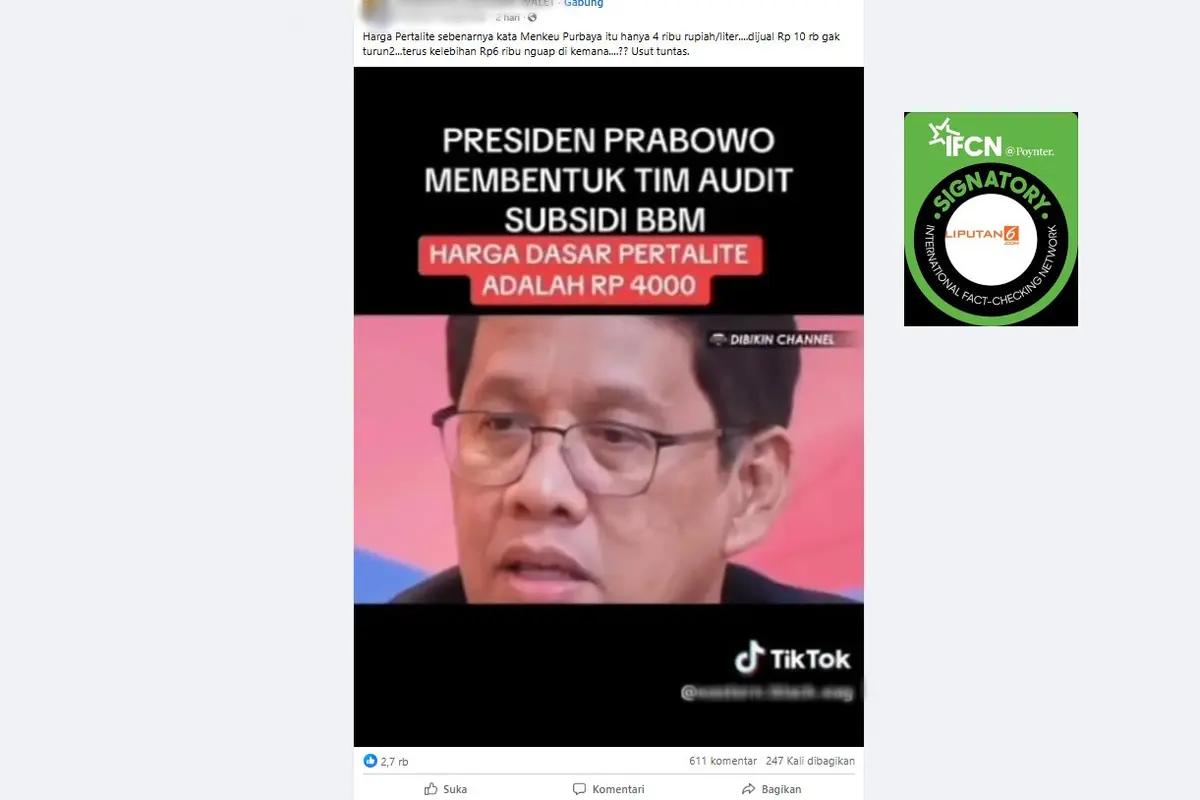 Tangkapan layar klaim Menteri Keuangan Purbaya Yudhi Sadewa menyatakan harga pertalite sebenarnya hanya Rp 4.000 per liter yang beredar di Facebook.