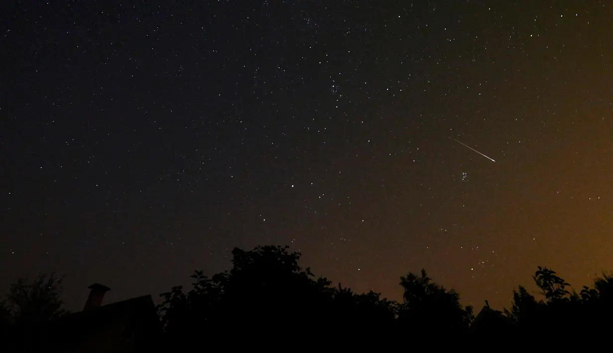 Sebuah Pemandangan meteor jatuh terlihat dari Desa Goroshki, Minsk, Belarus, Rabu (12/8/2015). Meteor jatuh tersebut merupakan bagian dari fenomena hujan meteor Perseid yang rutin terjadi setiap tahun. (REUTERS/Vasily Fedosenko)