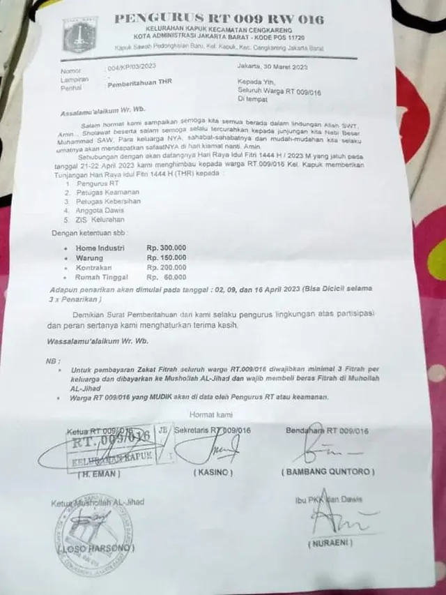 Viral surat permintaan Tunjangan Hari Raya (THR) pengurus RT 009, RW 016, Kelurahan Kapuk, Cengkareng, Jakarta Barat (Jakbar).