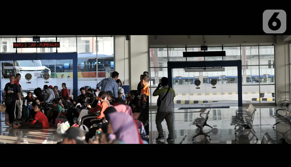 Foto kombo yang menunjukkan aktivitas pemudik pada H-8 Idul Fitri tahun lalu di Terminal Pulo Gebang, Jakarta, Selasa (28/5/2019) dan suasana sepi arus mudik akibat pandemi virus corona COVID-19 di Terminal Pulo Gebang, Minggu (17/5/2020). (merdeka.com/Iqbal S. Nugroho)