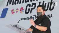 Menteri Badan Usaha Milik Negara (BUMN) RI, Erick Thohir saat memberi sambutan pada peluncuran Pertamina Grand Prix of Indonesia di Jakarta, Rabu (9/2/2022). (Liputan6.com/Fery Pradolo) 