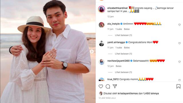 Di Instagram-nya, ibunda Rob Clinton memajang potret sang putra bersama Chelsea Islan yang tengah memamerkan cincin yang tersemat di jarinya. (instagram.com/elizabethkardinal)