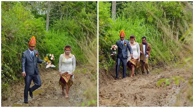 Viral Pasangan Pengantin Lewati Jalan Berlumpur untuk Menikah di Gereja