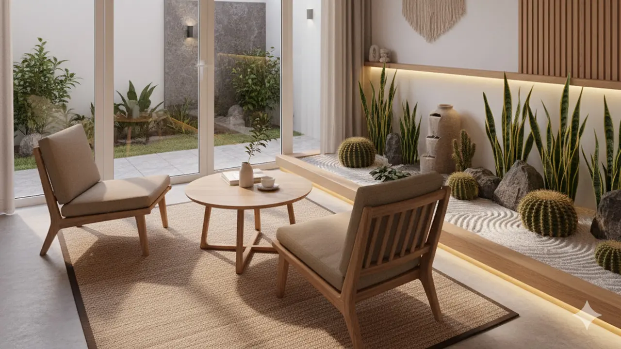Model Rumah Kecil Modern dengan Taman Kering di Dalam Ruangan