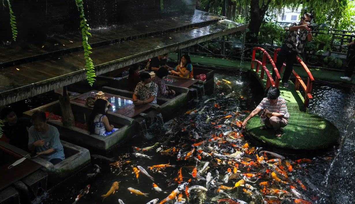 Seorang wanita memberi makan ikan mas saat pengunjung melihat di restoran bertema ikan di Chiang Mai, Thailand, Selasa (12/4/2022). (Jack TAYLOR/AFP)