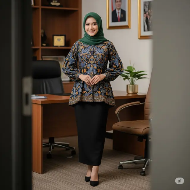 Model Baju Batik Kantor Wanita Berjilbab Modern. Foto: Gemini